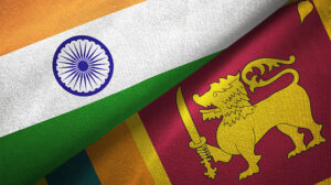 Sri Lanka and India flags together textile cloth, fabric texture