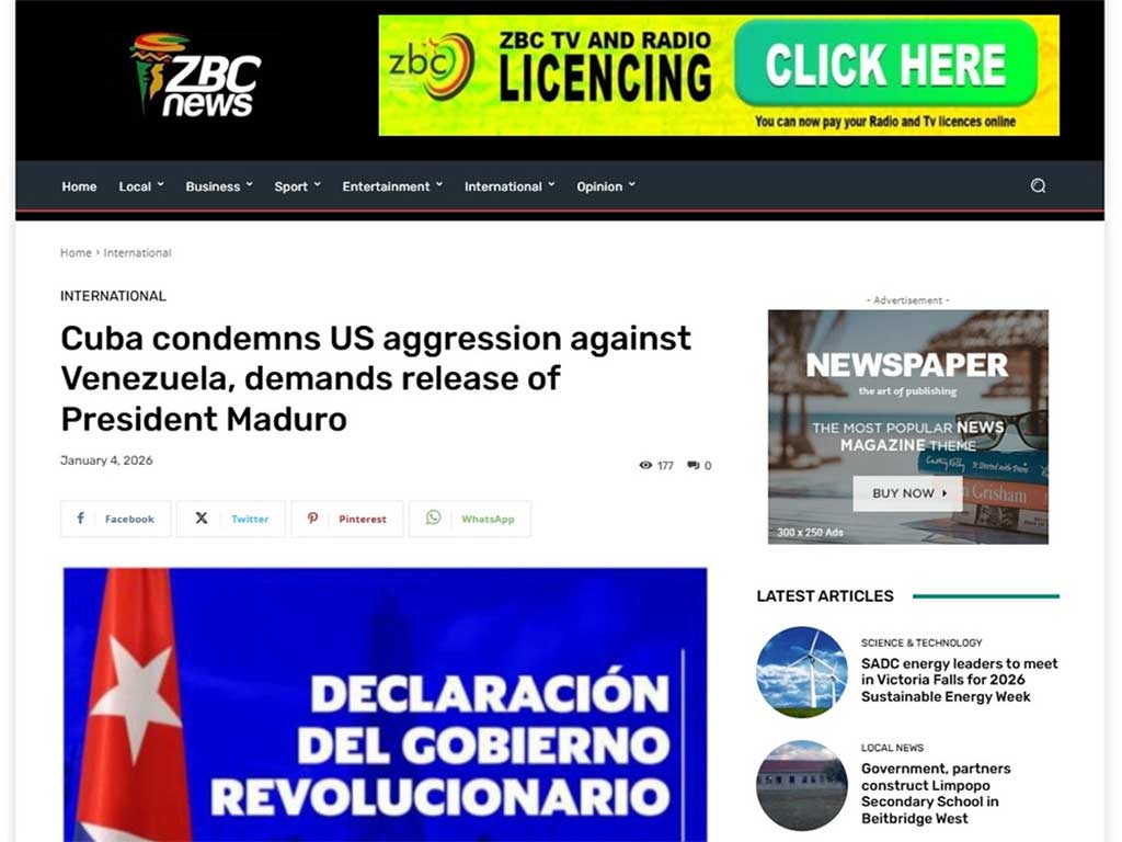 Zimbabwe joins Cuba decryig US aggression against Venezuela